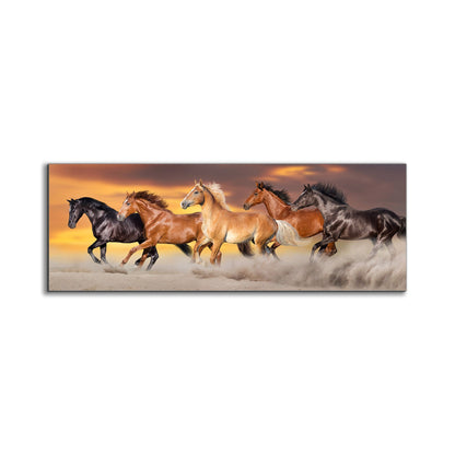 Équipe de cinq chevaux - Toile d'art animalière - Vernis doré