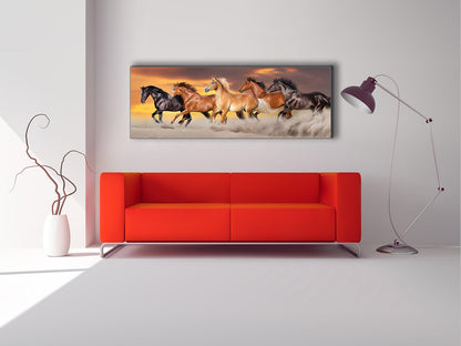 Équipe de cinq chevaux - Toile d'art animalière - Vernis doré