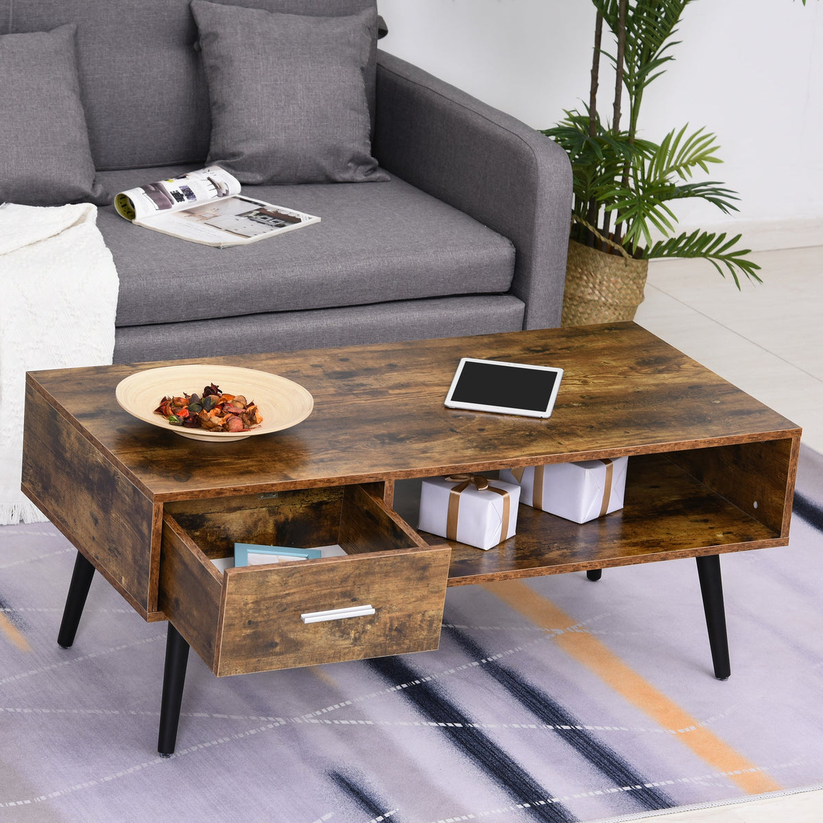 Table basse Omari rétro avec étagère de rangement et tiroir - Marron rustique