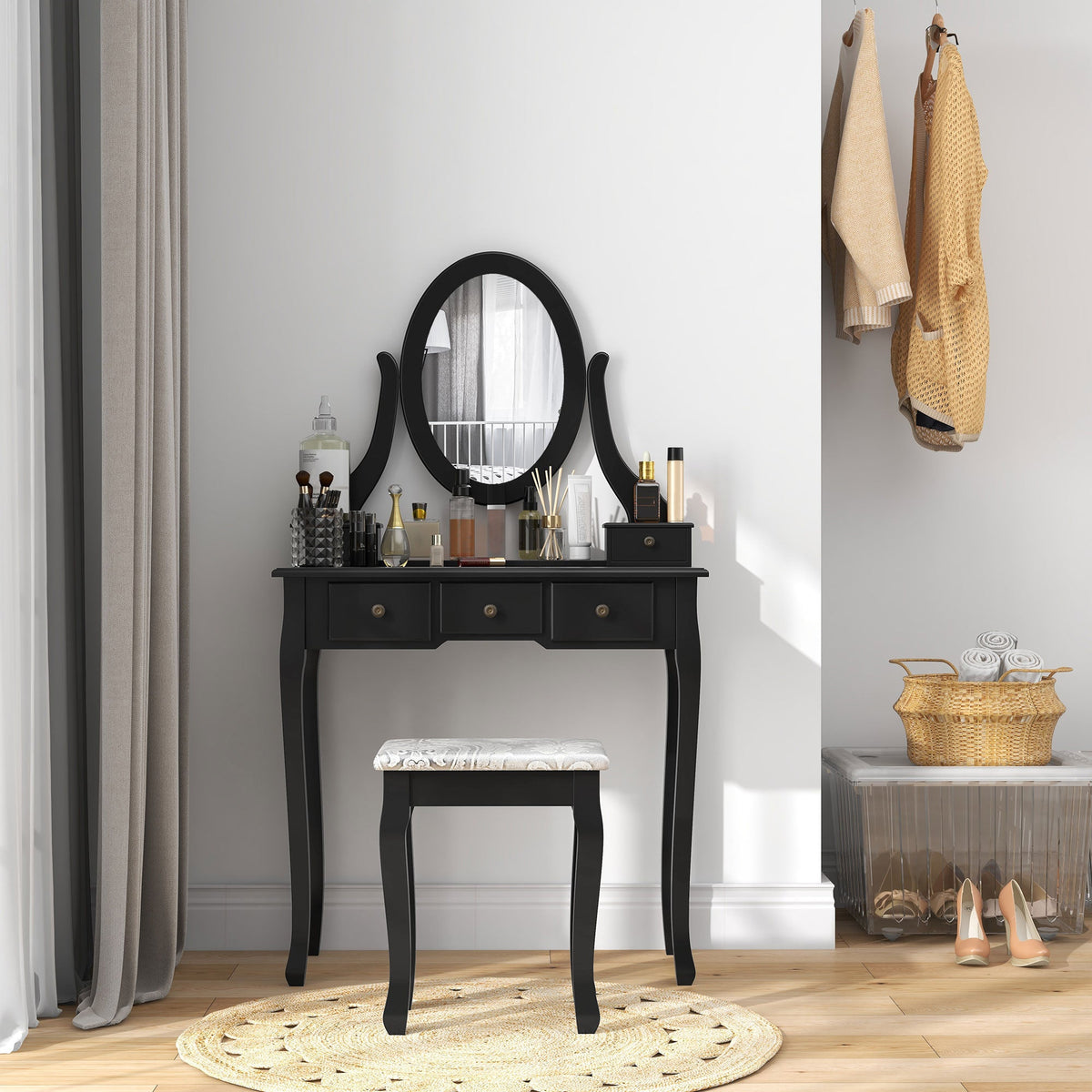 Coiffeuse Emma avec tabouret rembourré et miroir ovale rotatif à 360°-Noir