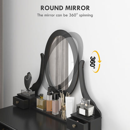Coiffeuse Emma avec tabouret rembourré et miroir ovale rotatif à 360°-Noir