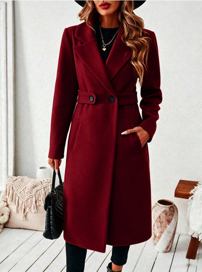 Women’s Double-Breasted Wool Coat – Solid Color Lapel Collar Winter Jacket