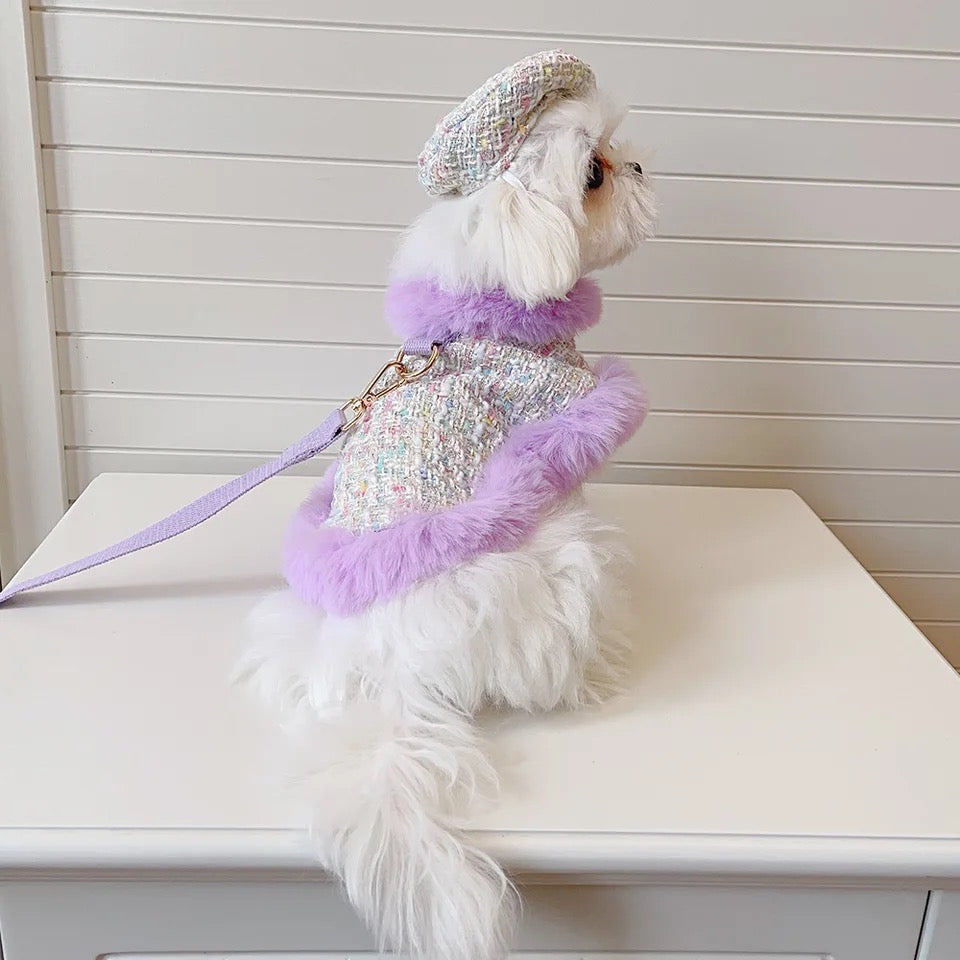 Ensemble harnais et laisse Lilas | Ensemble harnais et chapeau à carreaux pour chien