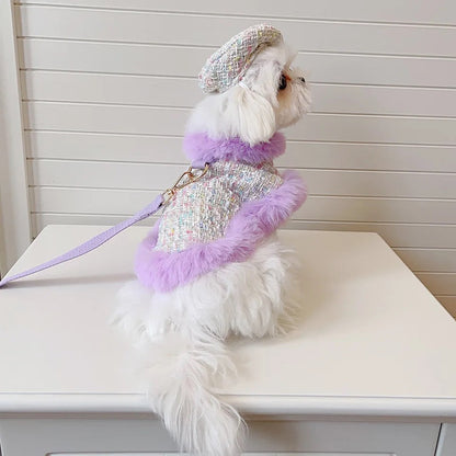 Ensemble harnais et laisse Lilas | Ensemble harnais et chapeau à carreaux pour chien