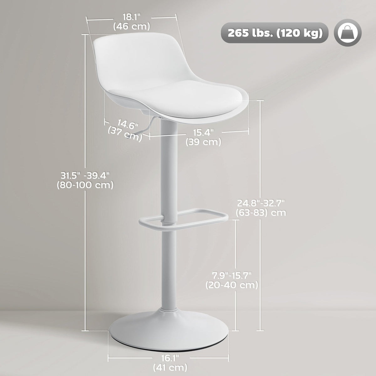Tabourets de bar/comptoir Zee (lot de 2) avec hauteur réglable et siège pivotant - Blanc