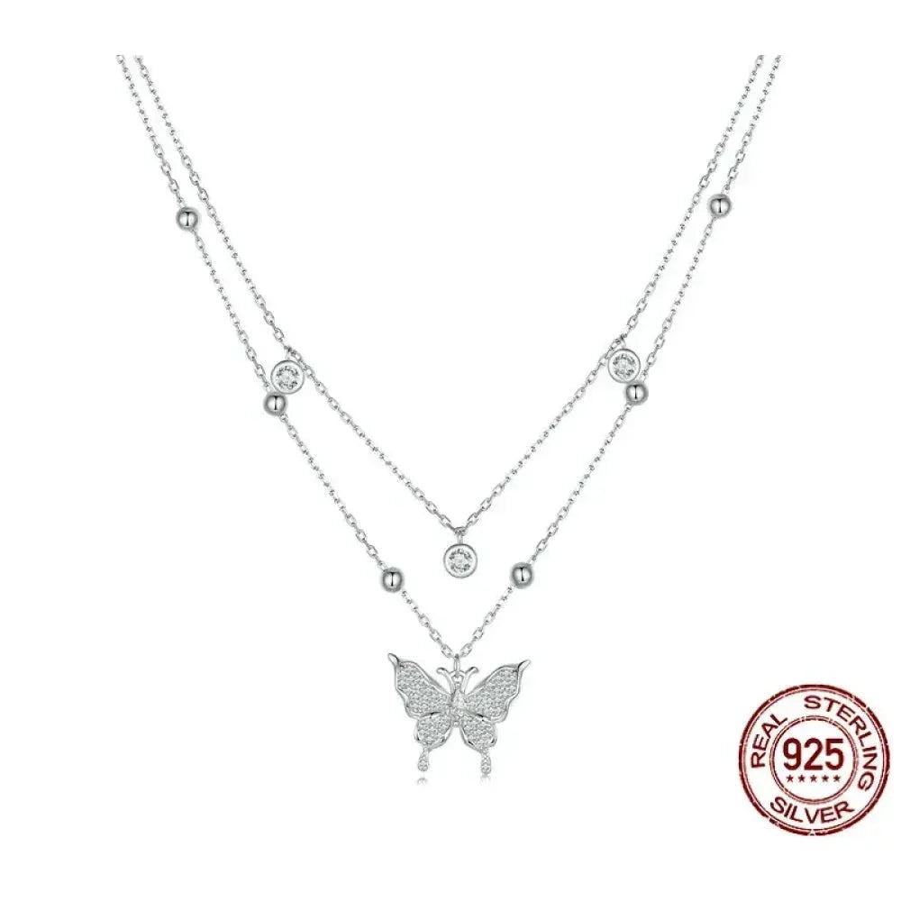 Collier pendentif papillon à double couche en argent sterling 925 pour femme - Bijoux fins élégants