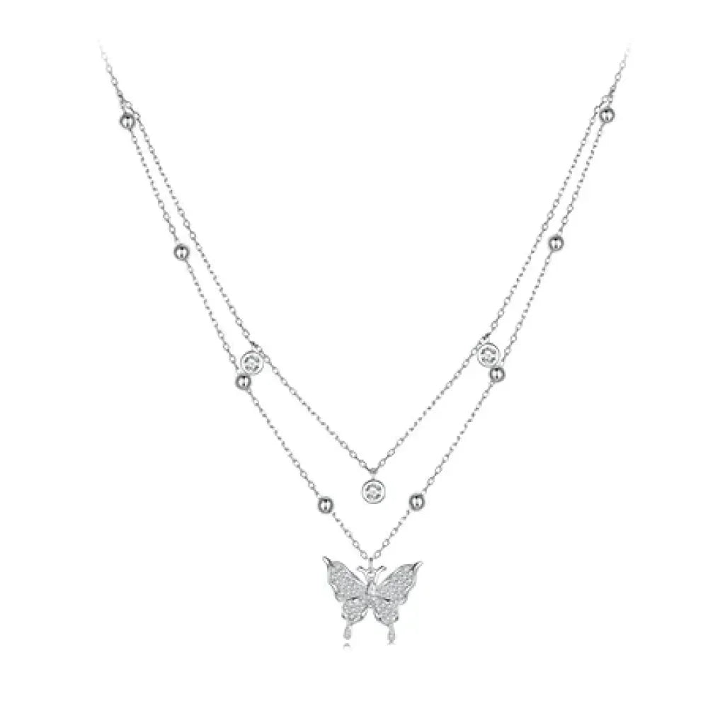 Collier pendentif papillon à double couche en argent sterling 925 pour femme - Bijoux fins élégants