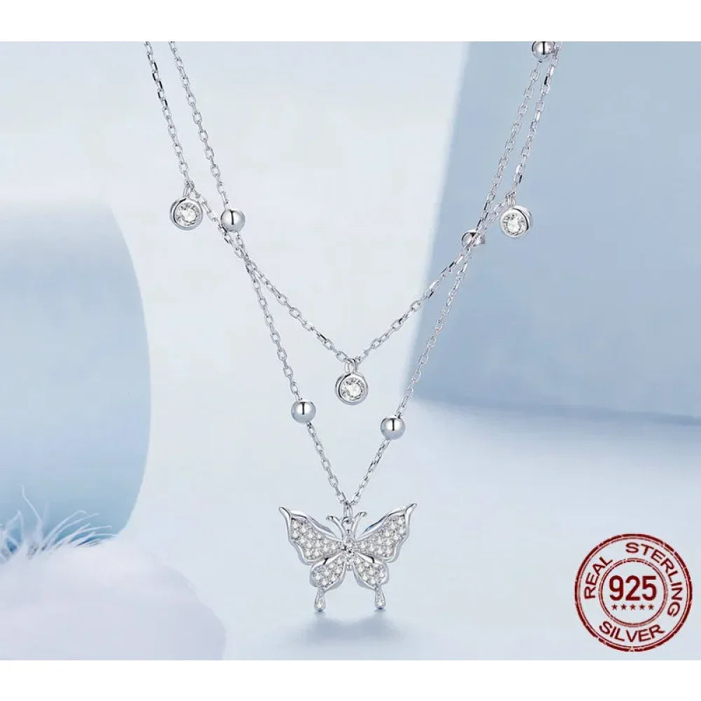 Collier pendentif papillon à double couche en argent sterling 925 pour femme - Bijoux fins élégants