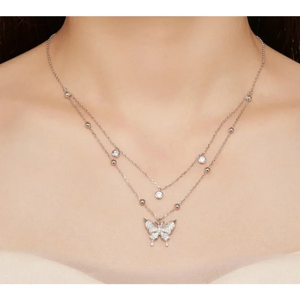 Collier pendentif papillon à double couche en argent sterling 925 pour femme - Bijoux fins élégants