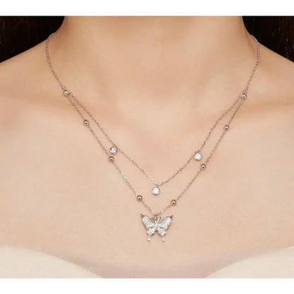 Collier pendentif papillon à double couche en argent sterling 925 pour femme - Bijoux fins élégants
