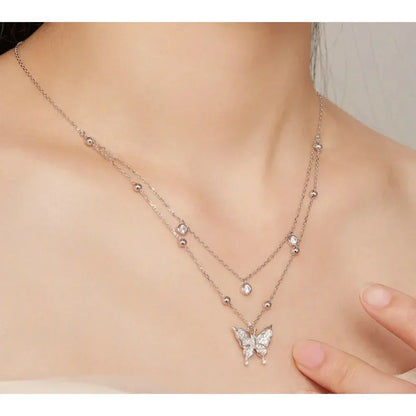 Collier pendentif papillon à double couche en argent sterling 925 pour femme - Bijoux fins élégants