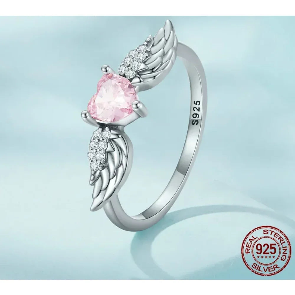 Bague en argent sterling 925 avec ailes de cœur rose et zircone cubique