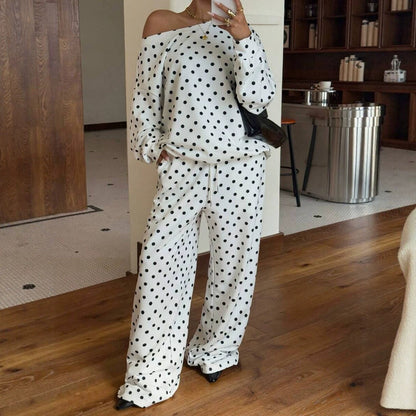 Women’s Polka-Dot Print Two-Piece Set – Long-Sleeve Sweatshirt & Loose-Fit Full-Length Pants