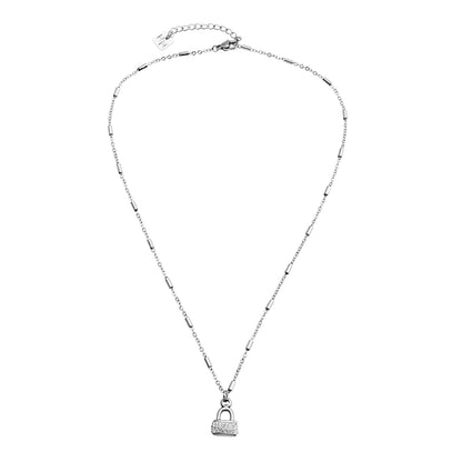 ABENI Tube Bead Chain Necklace with a Pavé Zirconia Pad Lock Pendant in Silver