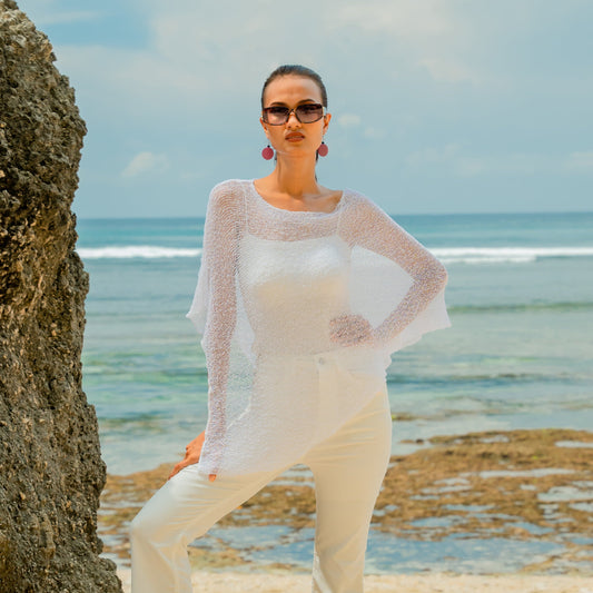 Sheer Mesh Poncho - White