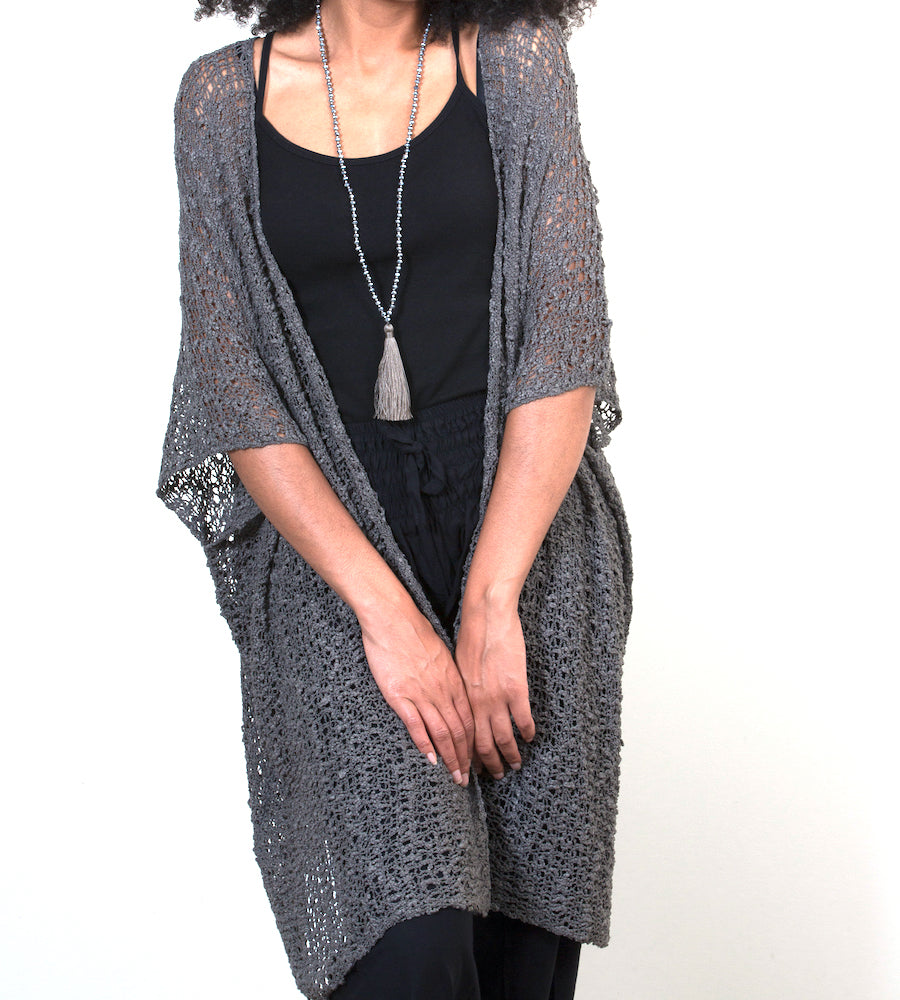 Kimono en tricot popcorn mi-long - Gris