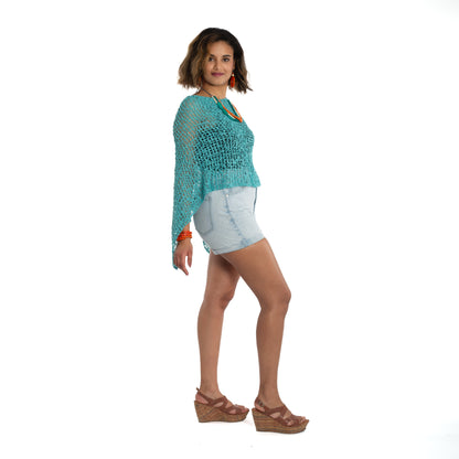 Short Popcorn Knit Poncho - Teal