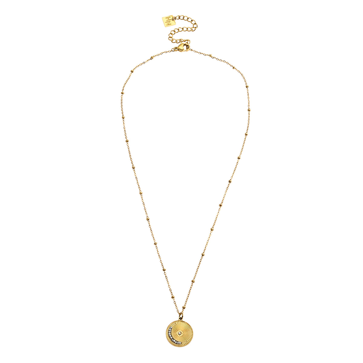 AMASA : Chaîne perlée avec pendentif étoile et lune pavée de zircone - Or