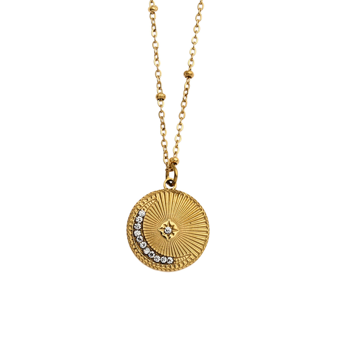 AMASA : Chaîne perlée avec pendentif étoile et lune pavée de zircone - Or