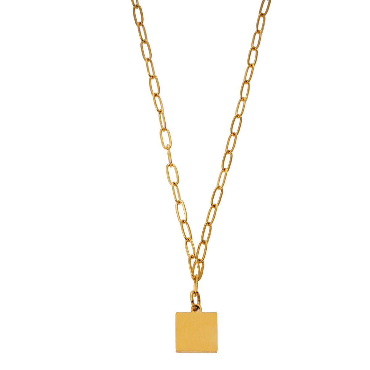 Style ANNABELLA : Pendentif carré minimaliste en métal et coquillage sur une chaîne trombone.