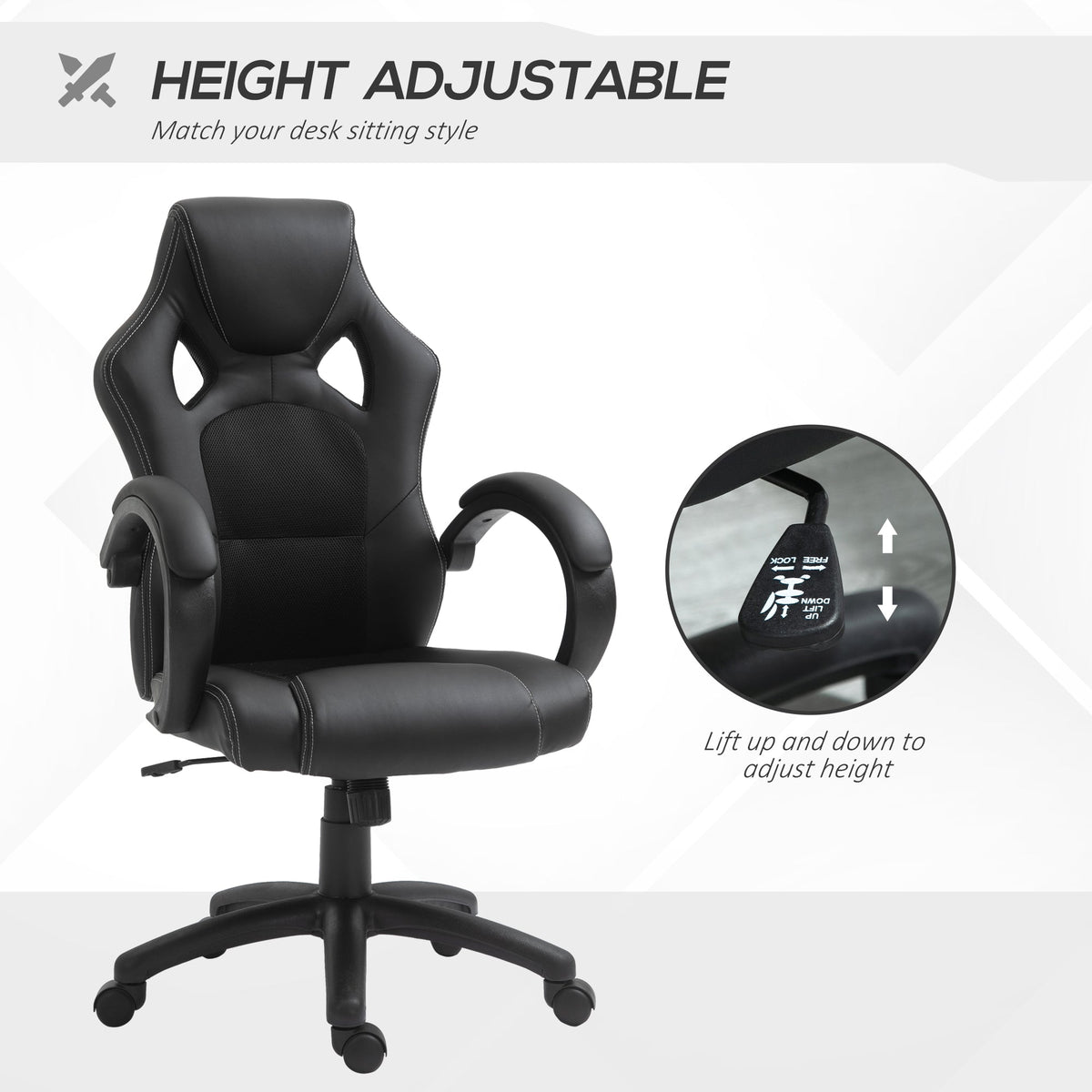 Chaise de bureau de jeu Erling avec fonctions de pivotement et d'inclinaison - Noir