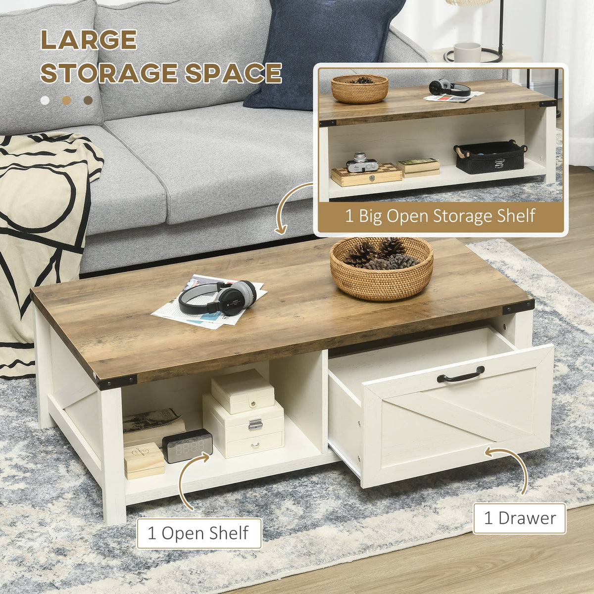 Table basse Lowen Farmhouse avec tiroir et étagère de rangement ouverte - Marron