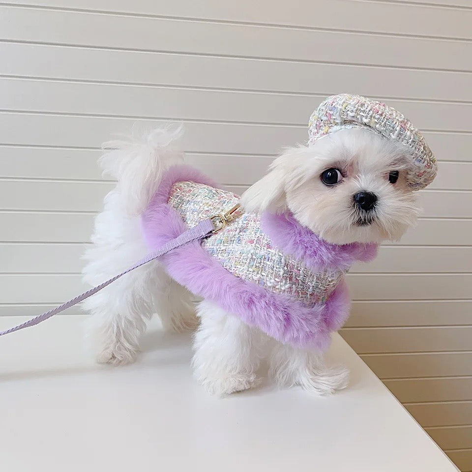 Ensemble harnais et laisse Lilas | Ensemble harnais et chapeau à carreaux pour chien