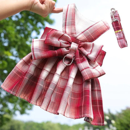 Plaid Bow Dress Dog Harness and Leash Set | Dog Walking Outfit