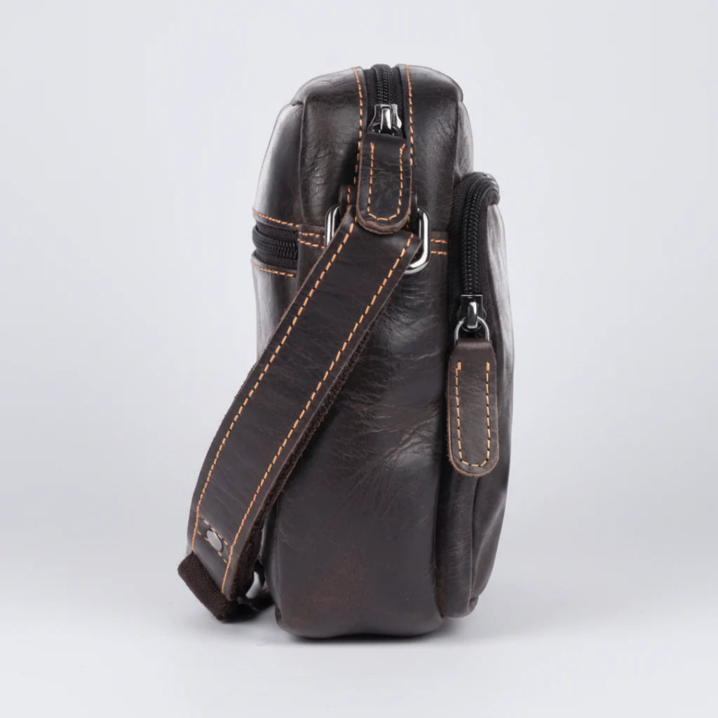 Greenwood Leather Mini-Messenger Bag. Premium Compact Crossbody Travel Organizer