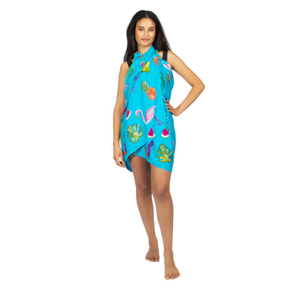 Sarong imprimé Flamant et fruits - Turquoise