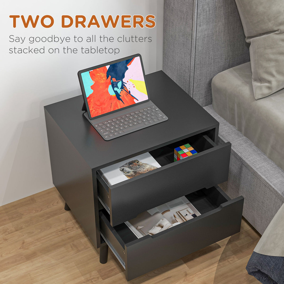 Table de chevet/d'appoint moderne Willow avec 2 tiroirs - Noir