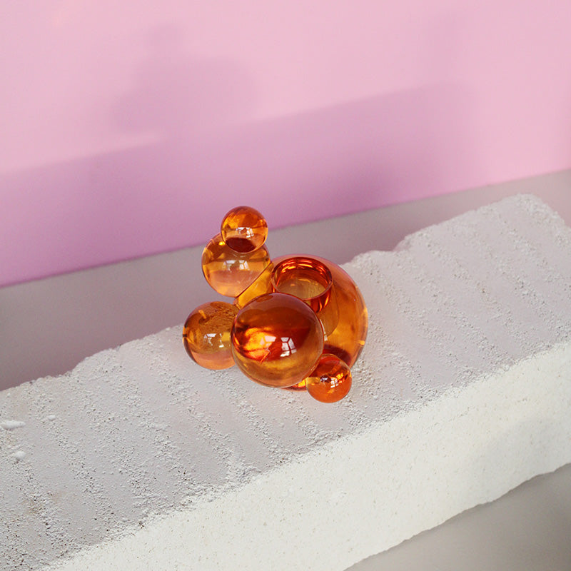 Bougeoir en verre bulle de cristal - Sculpture décorative orange