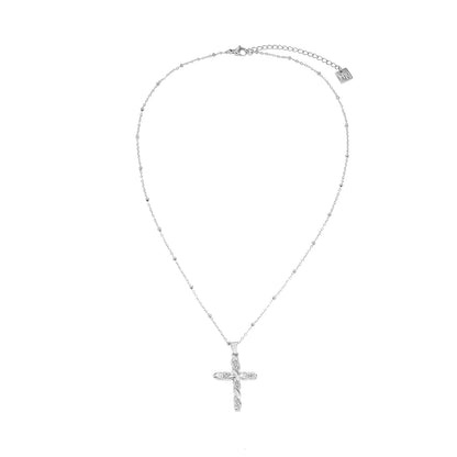 CHAMONIX Silver Toned White Gold: Dainty Beaded Chain Necklace with a Zirconia Embedded Textured Cross Pendent