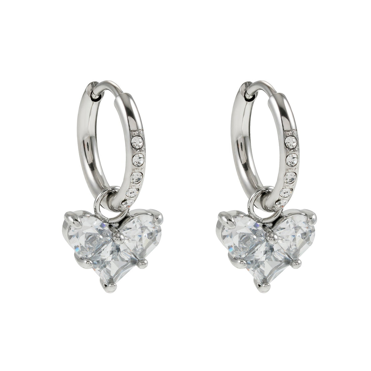 CREEDA Or Blanc (Tonalité Argentée) : Créoles Incrustées de Zirconium Style Vintage avec Pendentif Cœur en Moissanite
