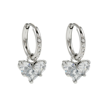 CREEDA Or Blanc (Tonalité Argentée) : Créoles Incrustées de Zirconium Style Vintage avec Pendentif Cœur en Moissanite