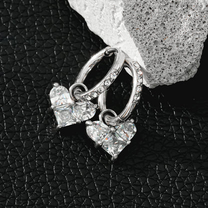 CREEDA Or Blanc (Tonalité Argentée) : Créoles Incrustées de Zirconium Style Vintage avec Pendentif Cœur en Moissanite