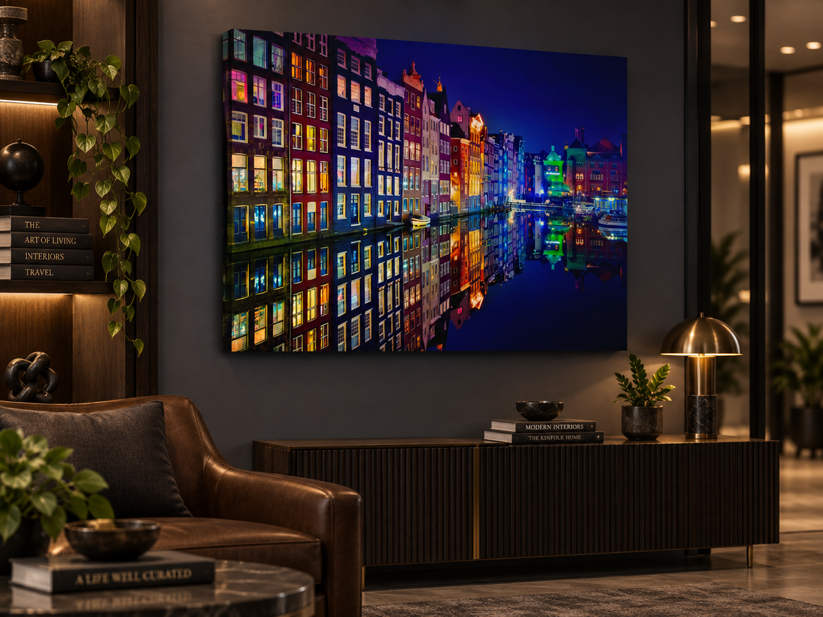 Amsterdam Canal Reflections at Night Canvas Wall Art