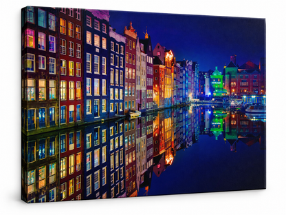 Amsterdam Canal Reflections at Night Canvas Wall Art