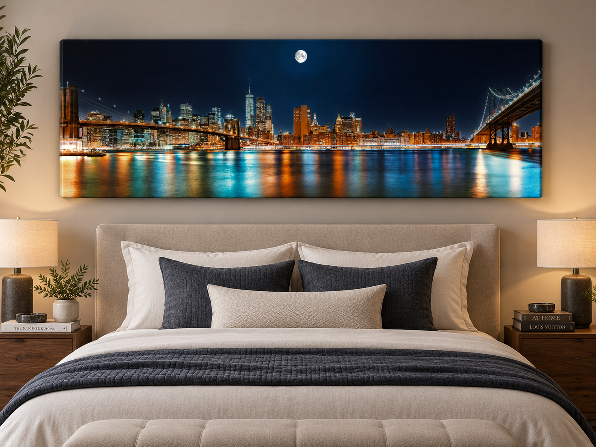 NYC Moon Skyline Panoramic Canvas Wall Art | New York City Night Brooklyn Bridge Large Print