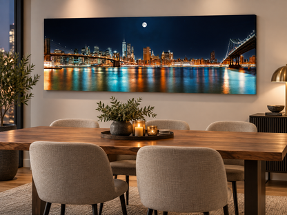 NYC Moon Skyline Panoramic Canvas Wall Art | New York City Night Brooklyn Bridge Large Print