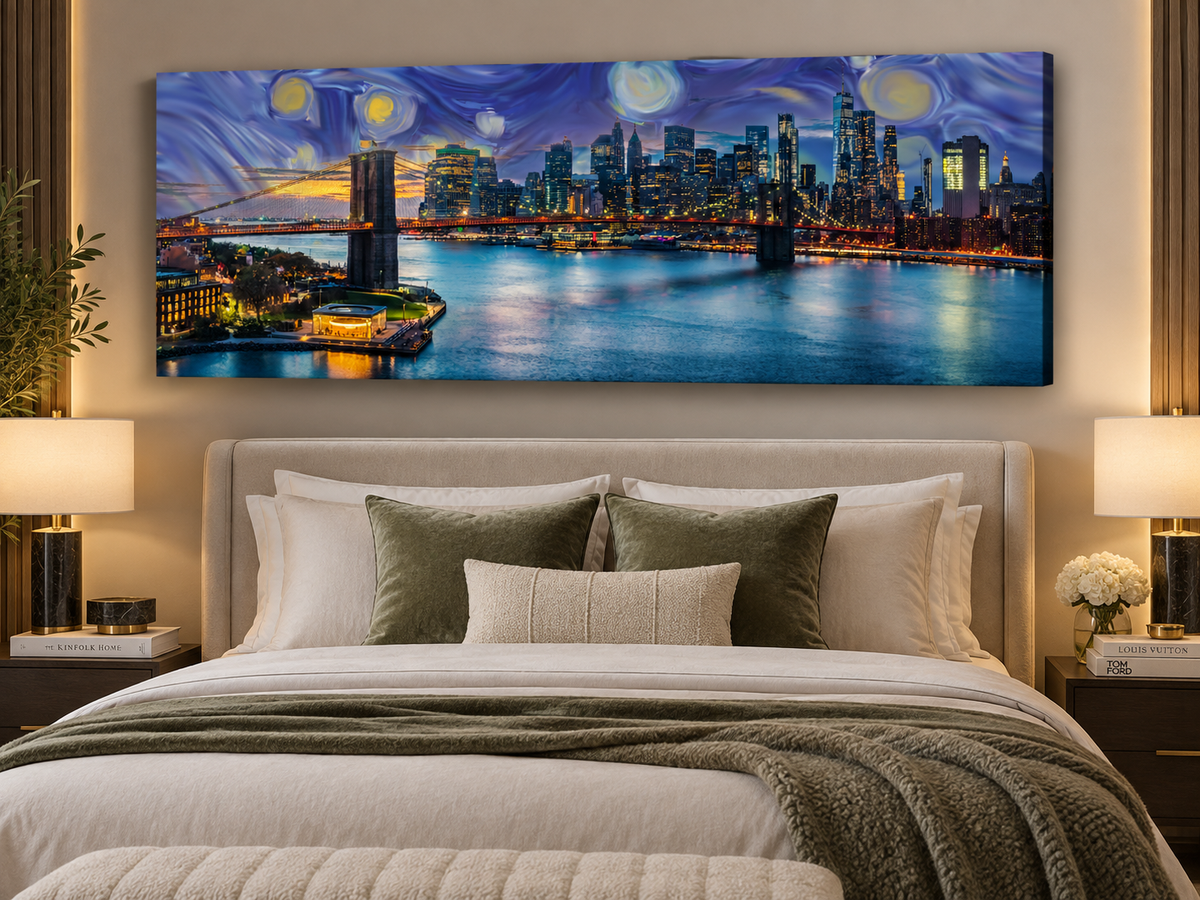 NYC Sunset Bridge Panoramic Canvas Wall Art | Brooklyn Bridge Golden Hour Manhattan Skyline Print
