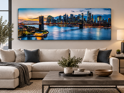 NYC Sunset Bridge Panoramic Canvas Wall Art | Brooklyn Bridge Golden Hour Manhattan Skyline Print