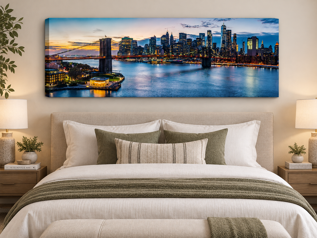 NYC Sunset Bridge Panoramic Canvas Wall Art | Brooklyn Bridge Golden Hour Manhattan Skyline Print