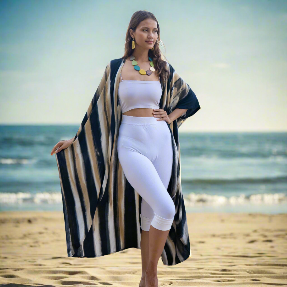 Bold Abstract Tie Dye Long Kimono In Grey & Gold