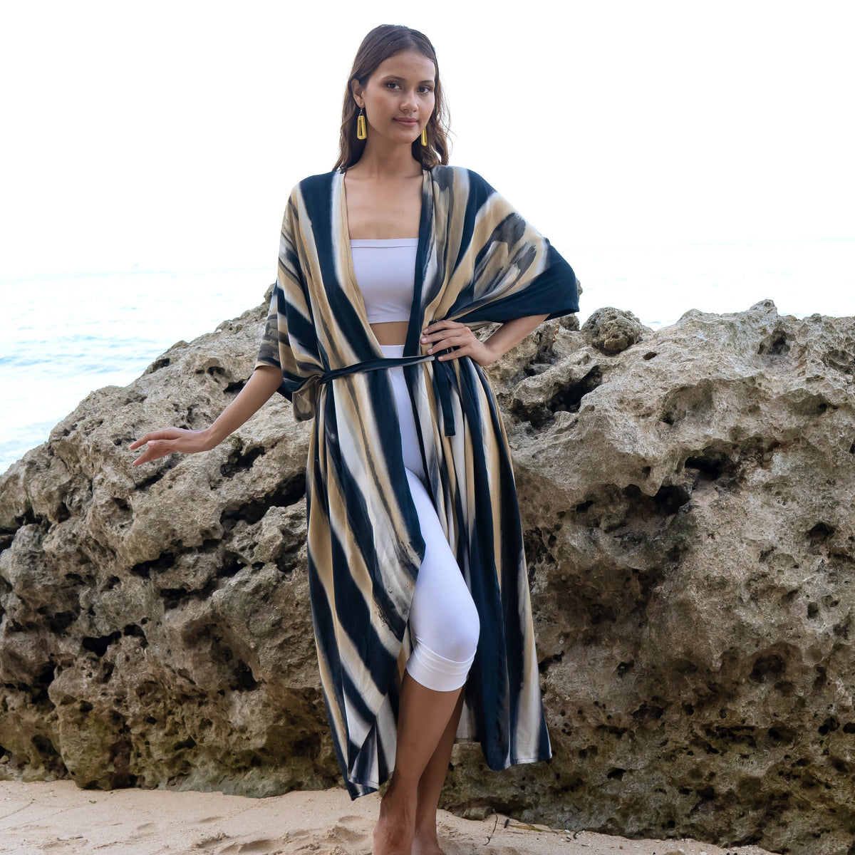 Bold Abstract Tie Dye Long Kimono In Grey & Gold