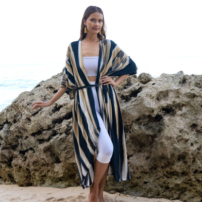 Bold Abstract Tie Dye Long Kimono In Grey & Gold