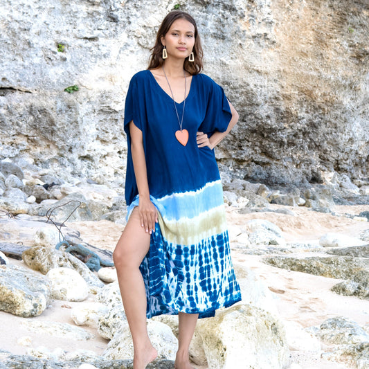 Kaftan de plage rayé et tie-dye bleu