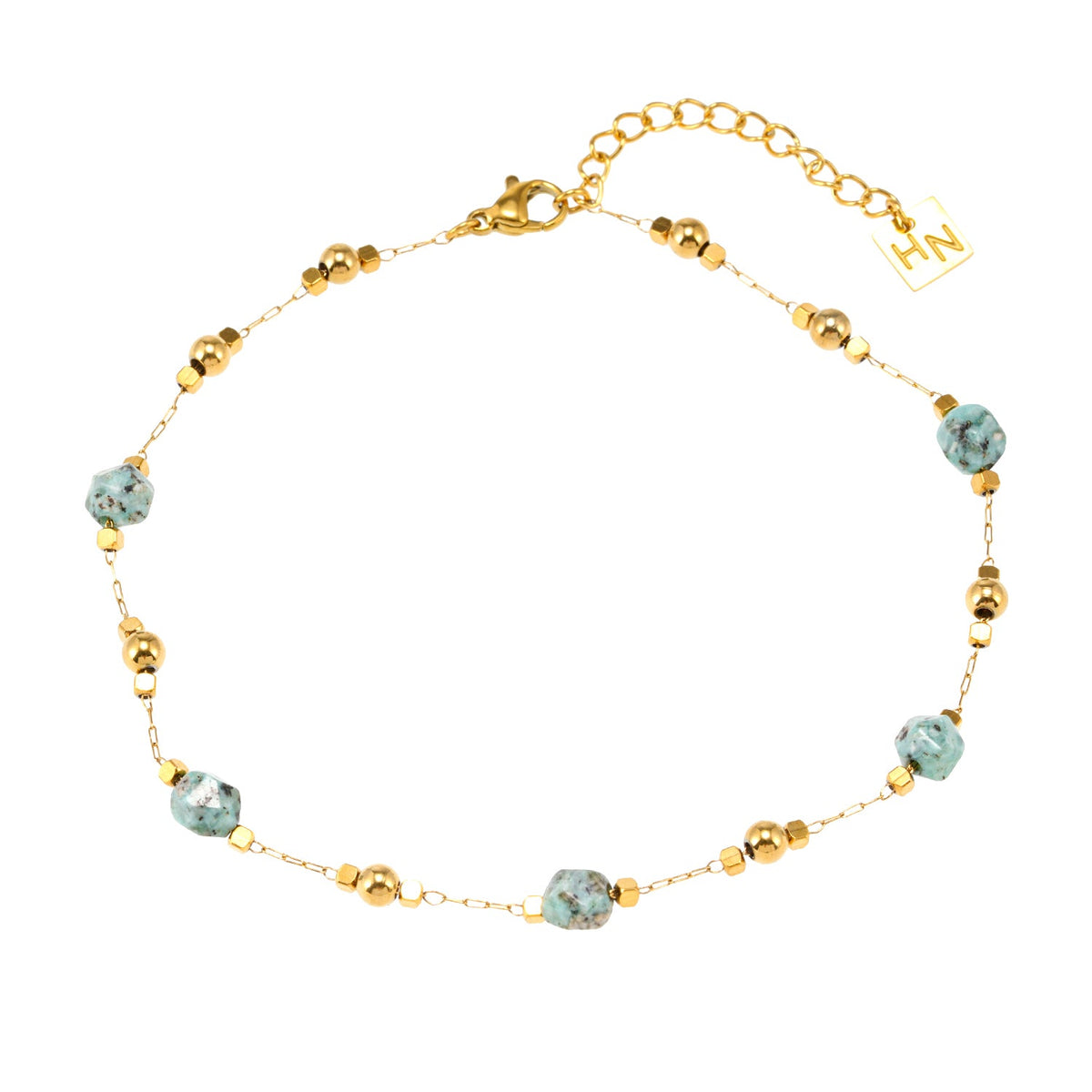 GIROC : Cheville de pied maillon-chaîne, perles dorées et pierres naturelles de turquoise africaine