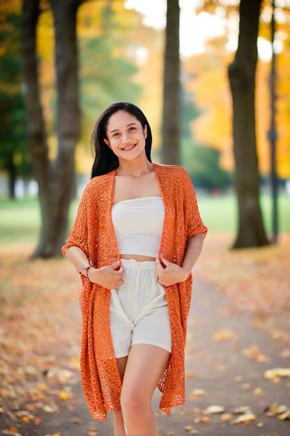 Mid Length Popcorn Knit Kimono - Orange