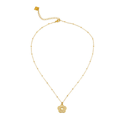 MELRINA Gold - Vintage Bloom: Beaded Chain Necklace with Pave Zirconia Flower Charm